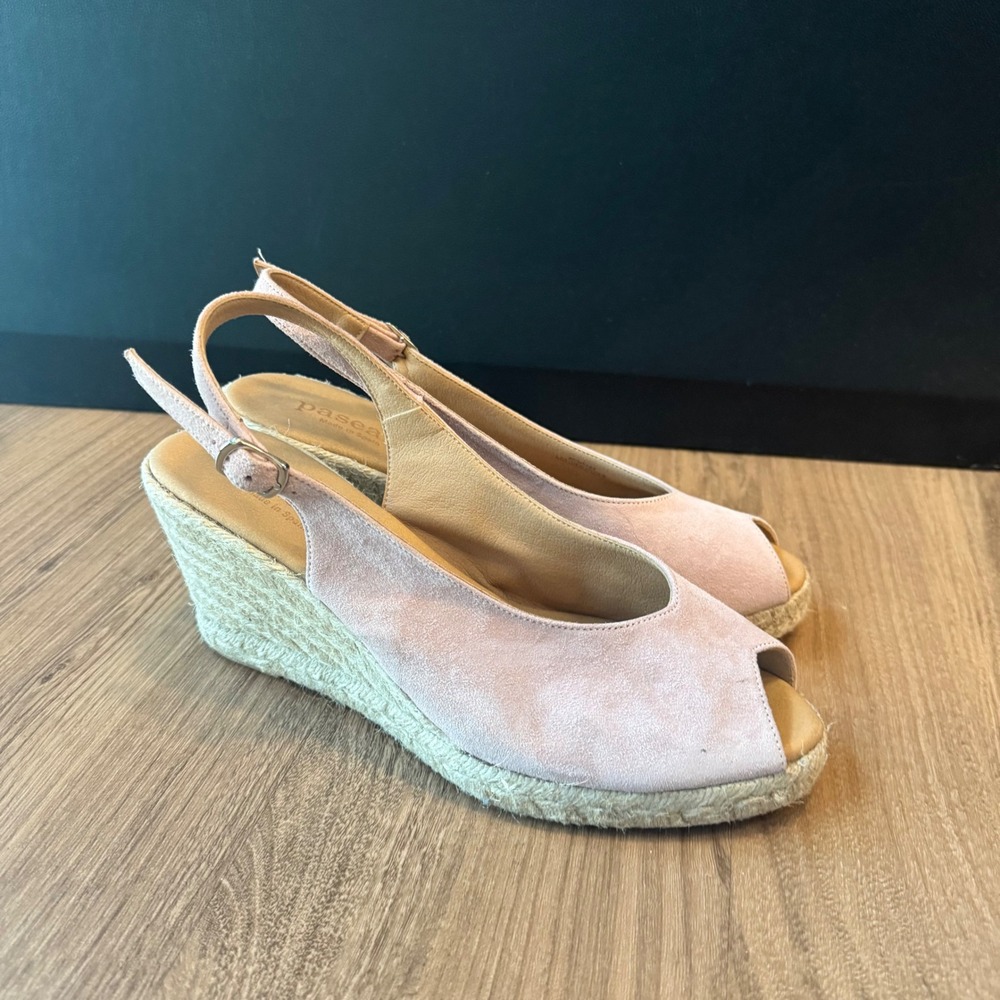 Paseart Spain Pink Suede Espadrille Wedge Peep Toe Slingback Sandals Size 41